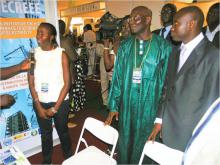  From L - R: Ms Aminata Fall in an interview with the press, accompanied by the Director of the Renewable Energy Promotion Directorate Mr. Lamine Diop and the Minister of Energy and Mines Mr. Aly Ngouille Ndiaye